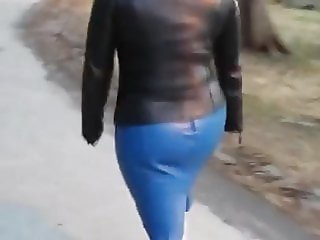 nice lady in blue tight leather skirt