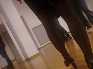 Candid office lady in boots and stocking