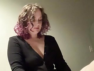 Curvy domme pegs trans sub slut in hotel with her strap on 