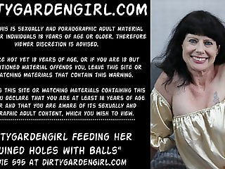 Dirtygardengirl feeding her ruined holes with balls prolapse