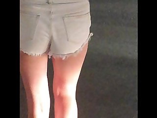 candid hot girl white shorts walking w gf