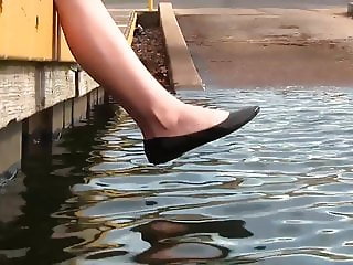 Crystal's black ballet flats, shoeplay, barefoot, muddy