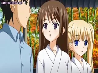 Sweet anime lesbians sharing a dick