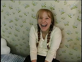 Horny schoolgirl in pigtails with pierced clit gets fucked in bed