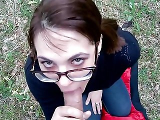 Blowjob and cum swallow in the forest.