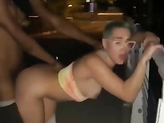 Shaved hair blonde girl fucking in public