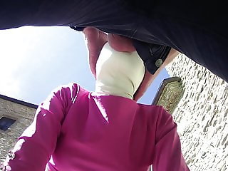 pink outfit in outdoor blowjob and oral creampie